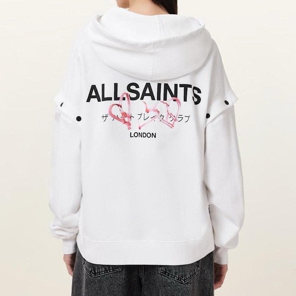 AllSaints Amore Amphie Embroidered Hoodie White Heart Pink Sweatshirt Large